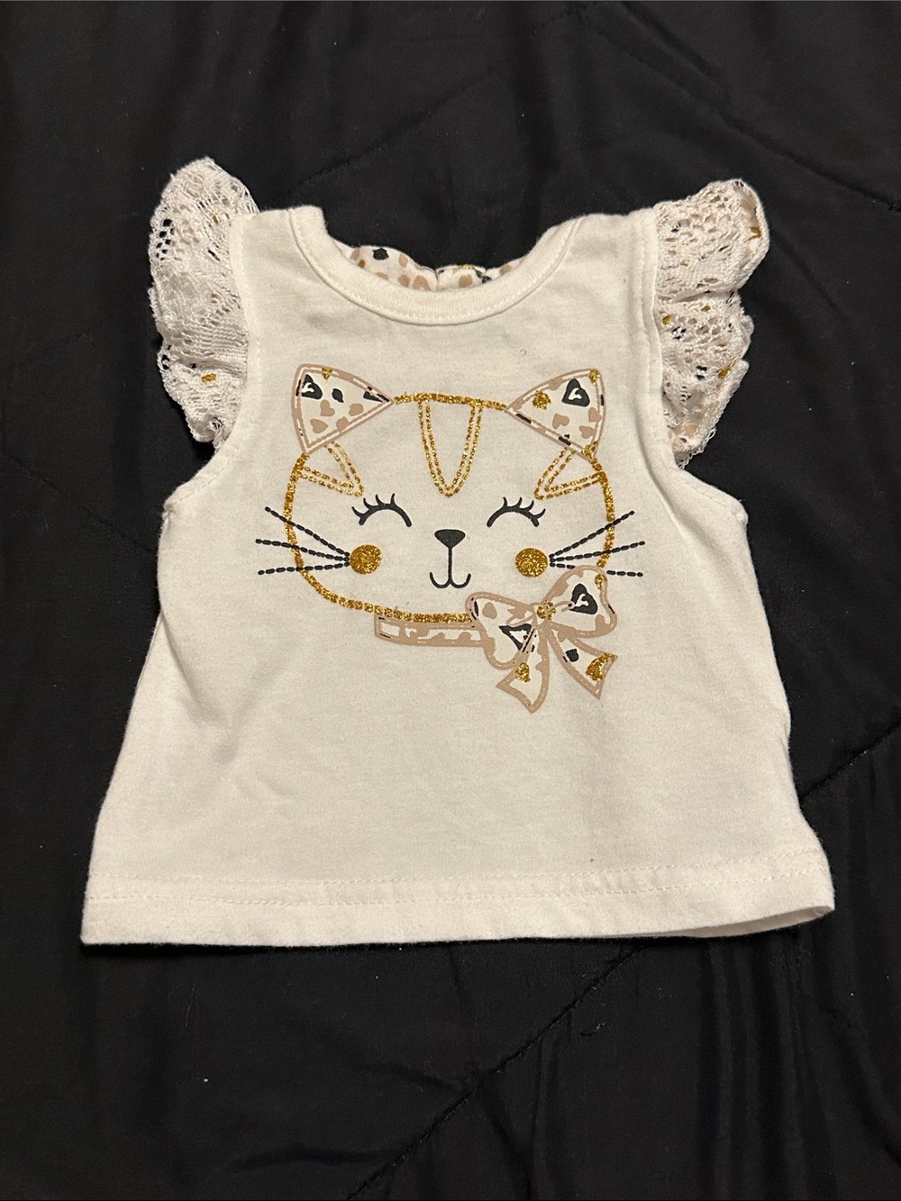 Girls White Sleeveless Cat Graphic Top with Lace Trim